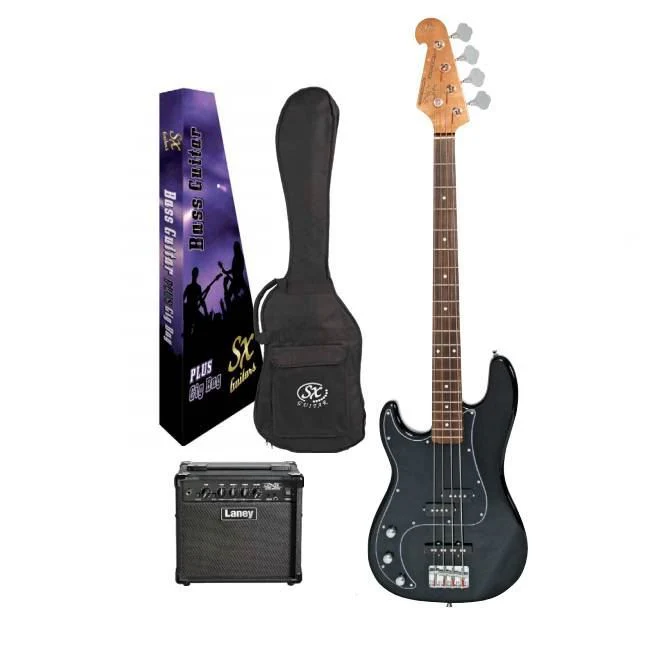 SX Essex & Laney Left-Handed 4/4 Bass Guitar Pack in Black (VEP34LHB Bass & Laney Bass Amp) - Image 3