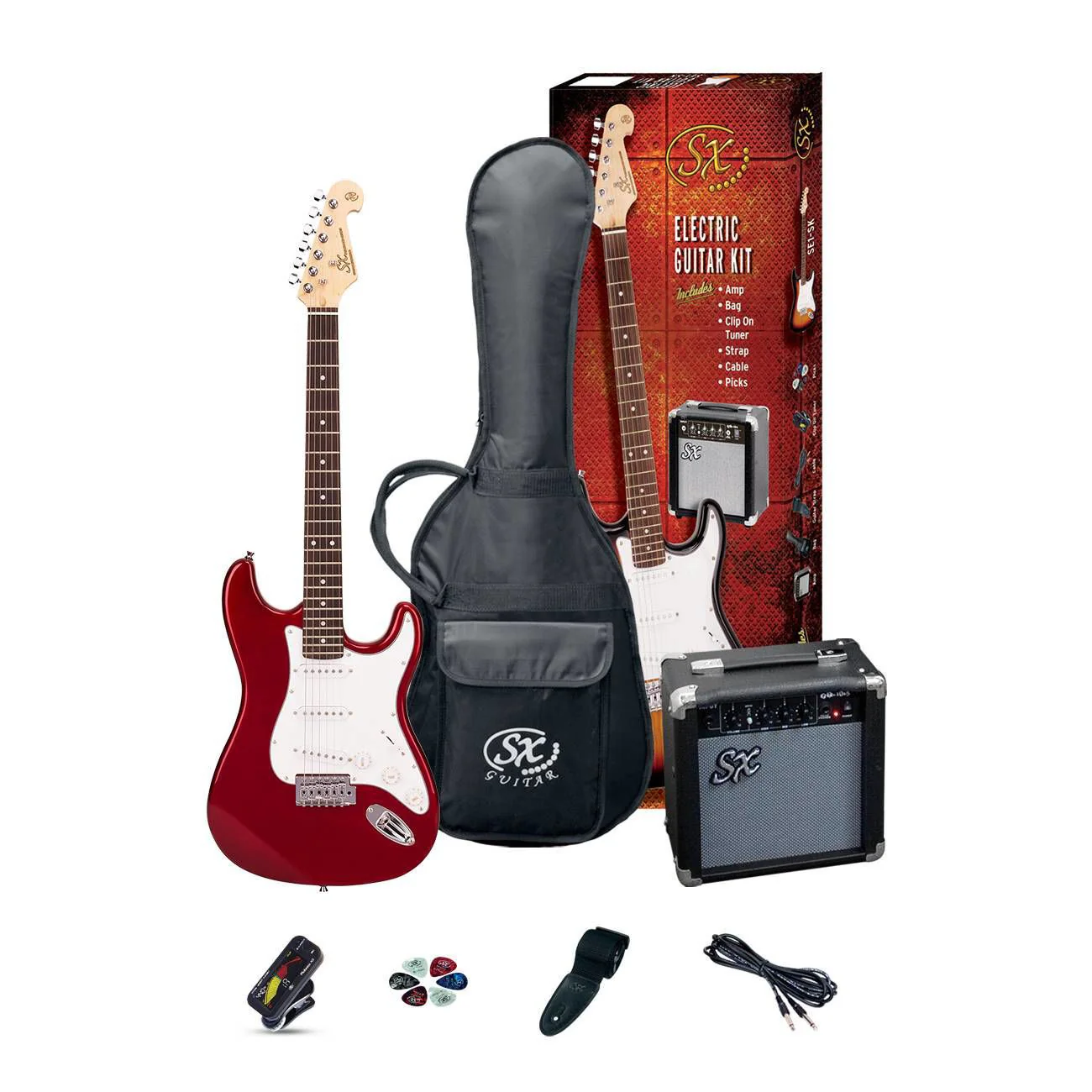 SX Essex ST Style Full Size Electric Guitar in Candy Apple Red & Amp Pack - Image 3