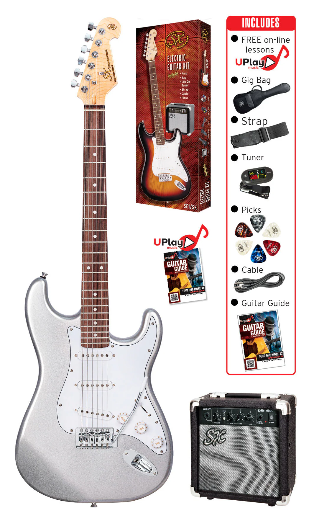 SX ST Style Electric Guitar and Amplifier Pack in Metallic Silver - Image 3