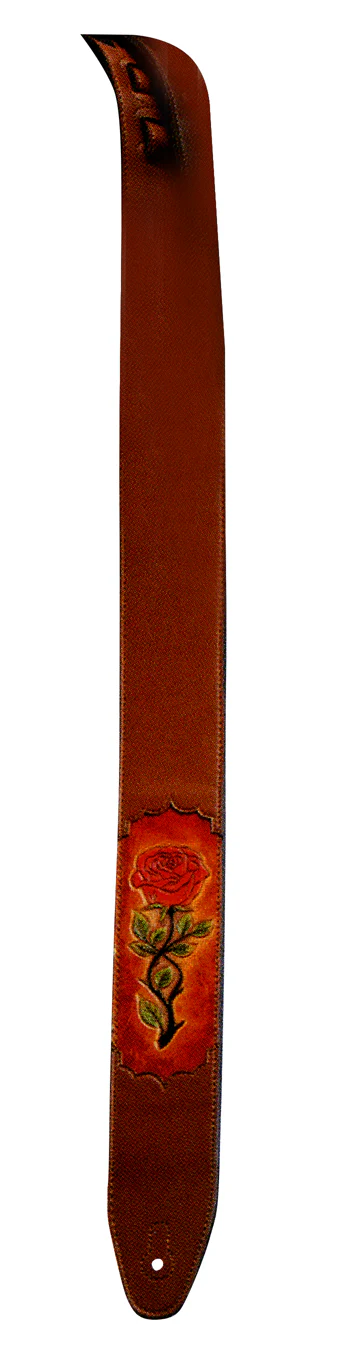 XTR 2.5" Padded Garment Leather Guitar Strap w/Carved Rose Inlay - Brown